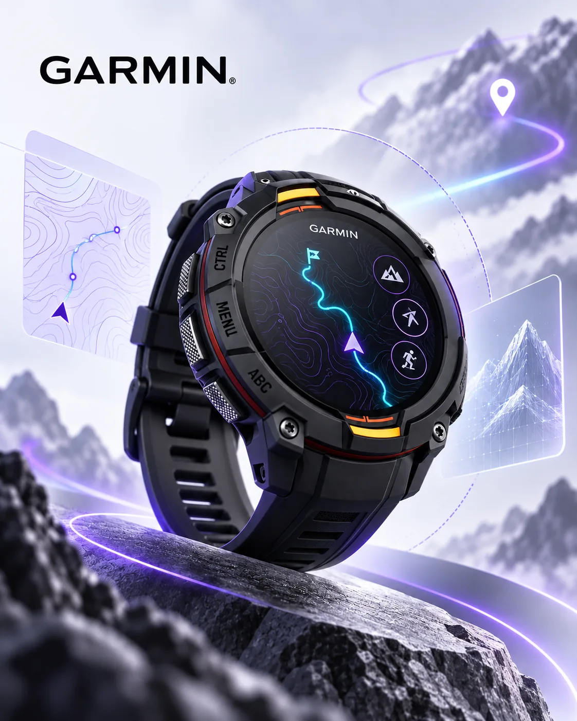 Reloj Garmin sobre un paisaje de montaña